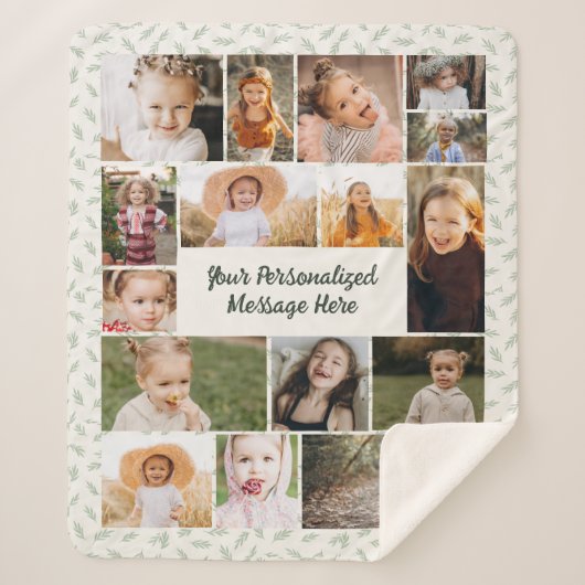 Couverture Sherpa Sage Green Botanical Personalized 16 Photo Collage (Devant)