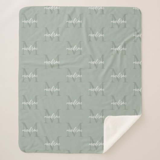 Couverture Sherpa Sage Green - Monogramme répétitif Nom personnalisé (Devant)