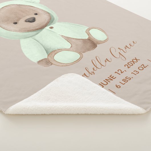 Couverture Sherpa Sage Green Teddy Bear Baby Birth Stats (3/4)