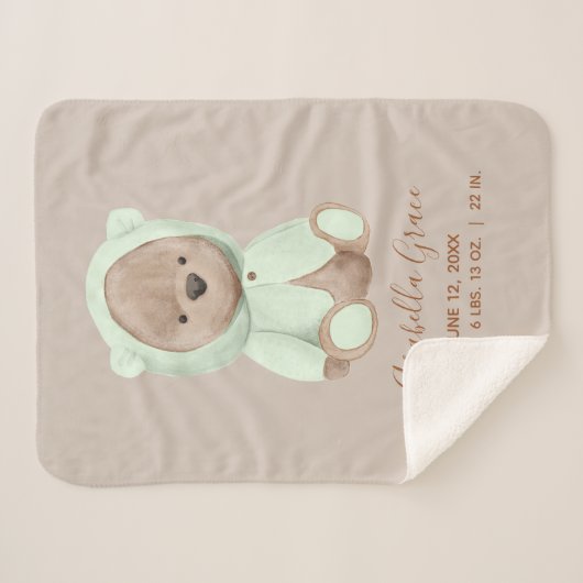 Couverture Sherpa Sage Green Teddy Bear Baby Birth Stats (Devant (Horizontal))