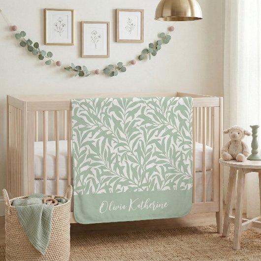 Couverture Sherpa Sage Vert Branche de Saule Monogrammé