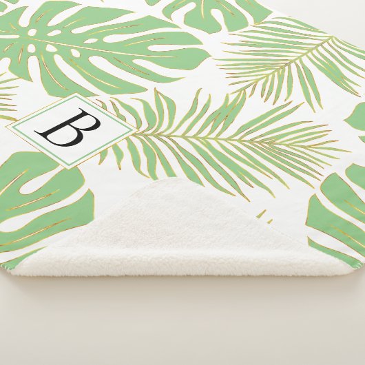 Couverture Sherpa Sage vert et or feuilles tropicaux et monogramme (3/4)