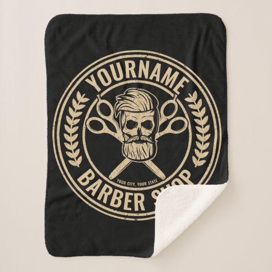 Couverture Sherpa Salon de coiffure personnalisé Skull Rockabilly (Devant)