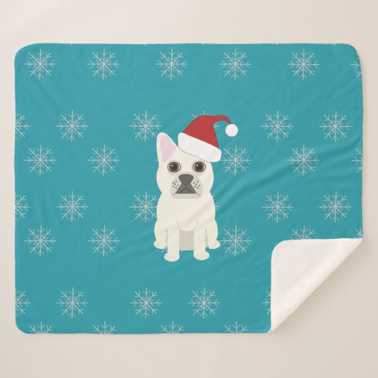 Couverture Sherpa Santa Frenchie, Snowflakes Blue (Devant (Horizontal))