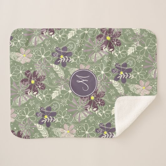 Couverture Sherpa sauge prune violet plumes lilas fleurs motif (Devant (Horizontal))