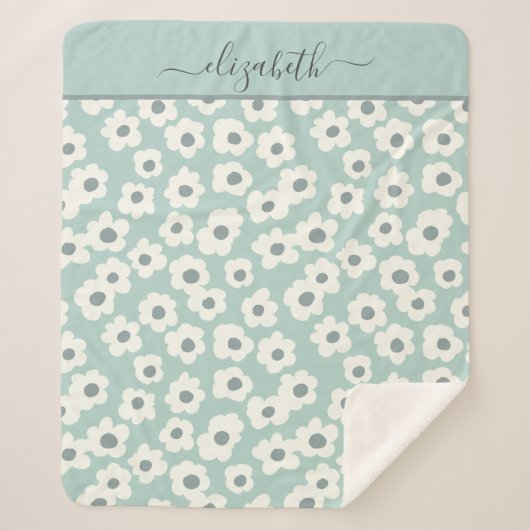 Couverture Sherpa Script Monogramme Boho vert blanc gris floral (Devant)