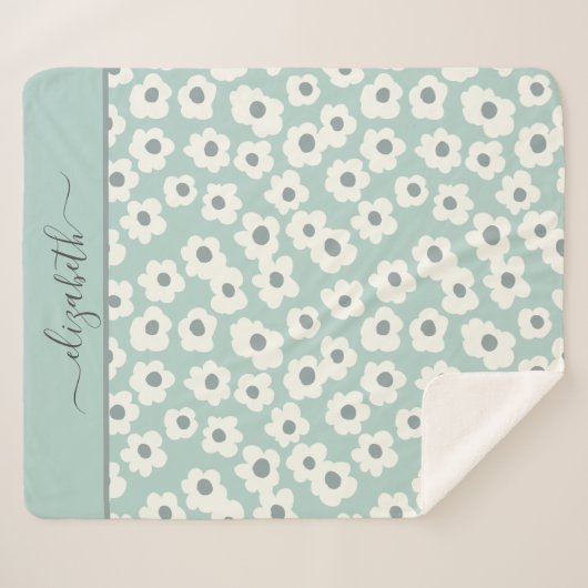 Couverture Sherpa Script Monogramme Boho vert blanc gris floral (Devant (Horizontal))