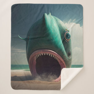 Couverture Sherpa Sculpture de requin sur la plage