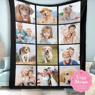 Couverture Sherpa Simple Collage de 12 Photos Famille Amis Animaux