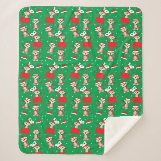 Couverture Sherpa Singe Noël Père Noël Motif Chapeau Rouge Vert (Devant)