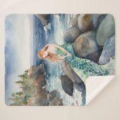 Couverture Sherpa Sirène D'Aquarelle Sur Un Rocher (Devant (Horizontal))