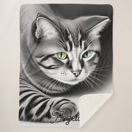 Couverture Sherpa Sneaky Green and Blue Eyes Grey Cat Nom personnali (Devant)