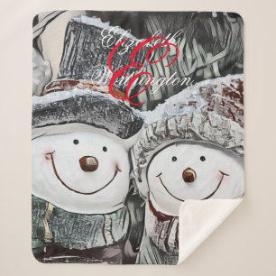 Couverture Sherpa Snowman et femme de neige dessinant Sherpa Blanket