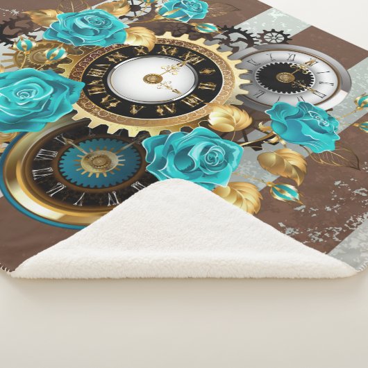 Couverture Sherpa Steampunk Clock and Turquoise Roses on Striped (3/4)