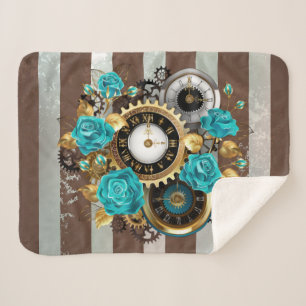 Couverture Sherpa Steampunk Clock and Turquoise Roses on Striped
