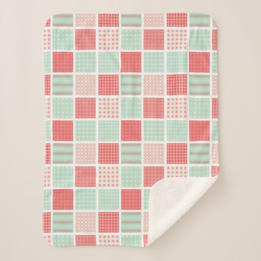 Couverture Sherpa Style Patchwork Motif Carré rouge et bleu (Devant)