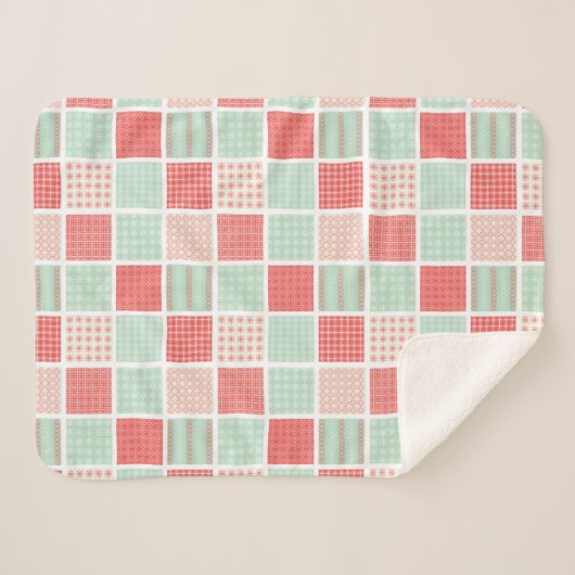 Couverture Sherpa Style Patchwork Motif Carré rouge et bleu (Devant (Horizontal))