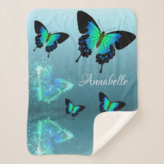 Couverture Sherpa Sublime Magnifique Aqua Turquoise Papillons (Devant)