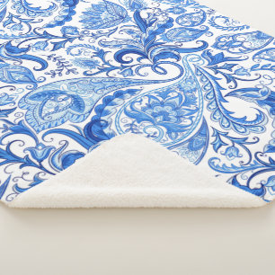 Couverture Sherpa Superbe Motif bleu blanc floral Paisley