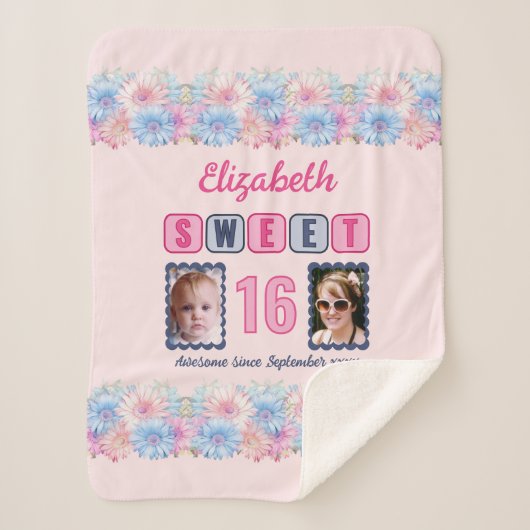 Couverture Sherpa Sweet 16 2 photo nom date fleurs rose (Devant)