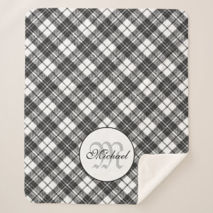Couverture Sherpa Tartan motif Noël noir blanc Monogramme
