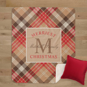 Couverture Sherpa Tartan Rouge Marque Monogramme Noël le Plus Joyeux