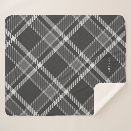 Couverture Sherpa Tartan rustique gris charbon foncé plaqué avec nom (Devant (Horizontal))