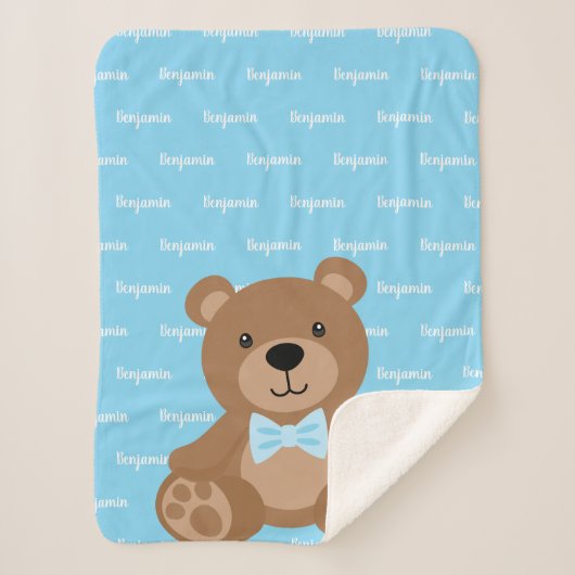 Couverture Sherpa Teddy Bear Personnalisé Nom bleu Garçon (Devant)