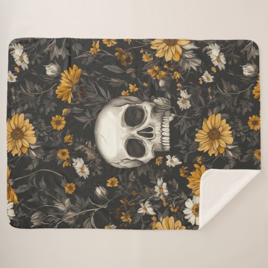 Couverture Sherpa Tête de mort avec fleurs (Devant (Horizontal))