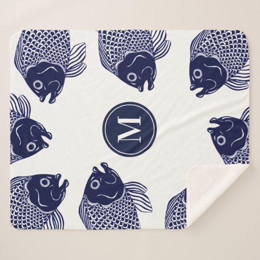 Couverture Sherpa Têtes de poisson bleu marine | Monogramme (Devant (Horizontal))