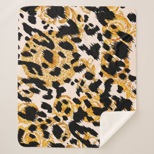Couverture Sherpa Texture léopard : motif baroque or. (Devant)