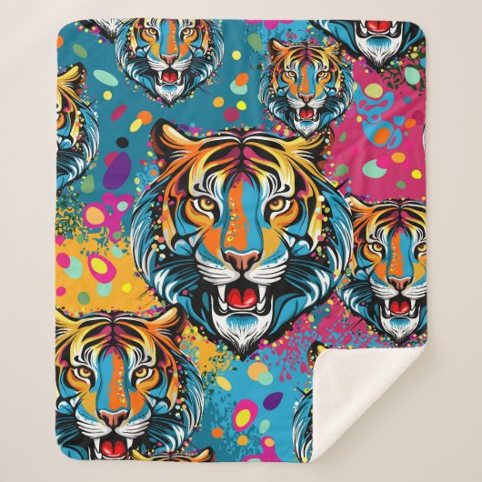 Couverture Sherpa Tiger Head Rainbow colors paint stains (Devant)
