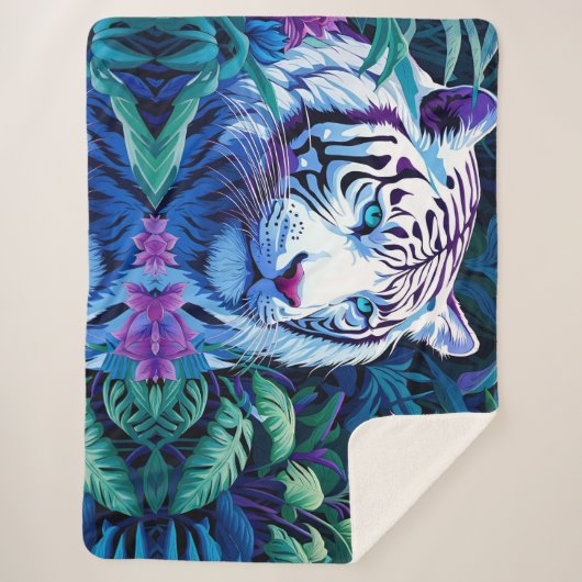 Couverture Sherpa Tigre blanc en fleurs violettes (Devant)
