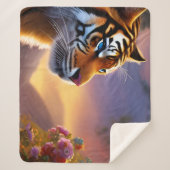 Couverture Sherpa Tigre bleu et fleurs roses (Devant)