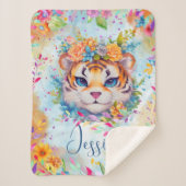 Couverture Sherpa Tigre d'aquarelle mignon avec fleurs (Devant)