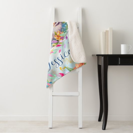 Couverture Sherpa Tigre d'aquarelle mignon avec fleurs (En situation)