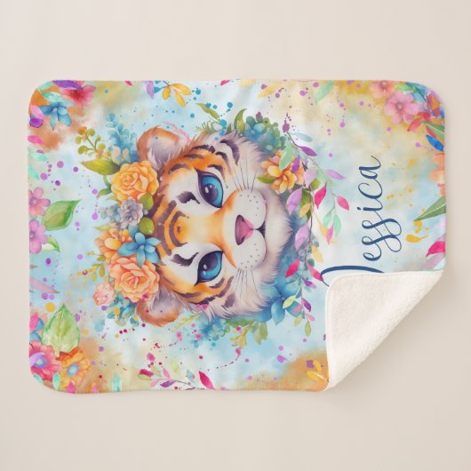 Couverture Sherpa Tigre d'aquarelle mignon avec fleurs (Devant (Horizontal))