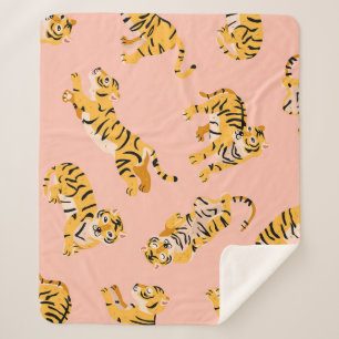 Couverture Sherpa Tigres caricaturaux, motif vintage rose.
