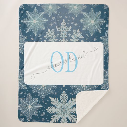 Couverture Sherpa Tirrinia Snowflake Motif avec noms et monogramme (Devant)