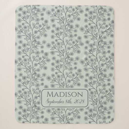 Couverture Sherpa Trailing Nom Floral Date de naissance Bébé vert (Devant)