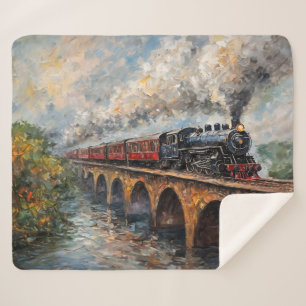 Couverture Sherpa Train à vapeur sur un pont - Peinture à l'huile
