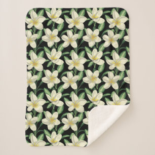 Couverture Sherpa Tropical continu motif fleurs blanches feuille ver