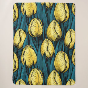 Couverture Sherpa Tulières jaunes avec feuilles bleus