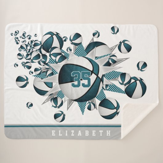 Couverture Sherpa turquoise filles blanches sport étoile basketball (Devant (Horizontal))