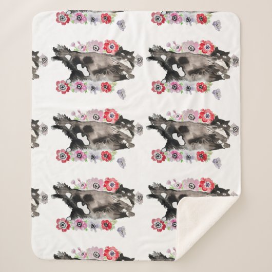 Couverture Sherpa Tuxedo Chat Cute Jolie Fleurs Chats Aquarelle (Devant)