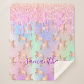 Couverture Sherpa Unicorn parties scintillant goutte rose nom hologr (Devant)