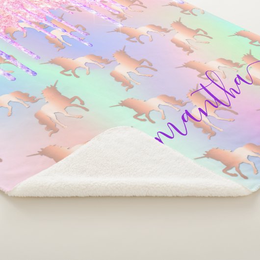 Couverture Sherpa Unicorn parties scintillant goutte rose nom hologr (3/4)
