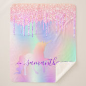 Couverture Sherpa Unicorn rose gouttes holographique nom script (Devant)