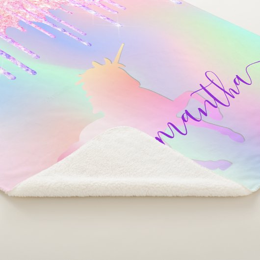 Couverture Sherpa Unicorn rose gouttes holographique nom script (3/4)