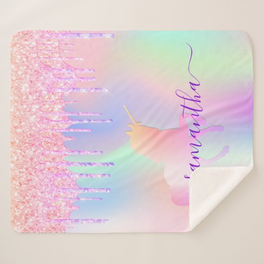 Couverture Sherpa Unicorn rose gouttes holographique nom script (Devant (Horizontal))
